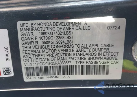 2024 Honda Accord Ex from USA, damaged, VIN 1HGCY1F35RA083687